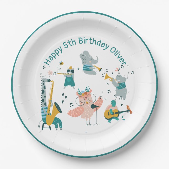 Pink Songbird with Animal Band Birthday Paper Plates (Front)