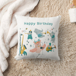 Pink Songbird with Animal Band Birthday Throw Pillow