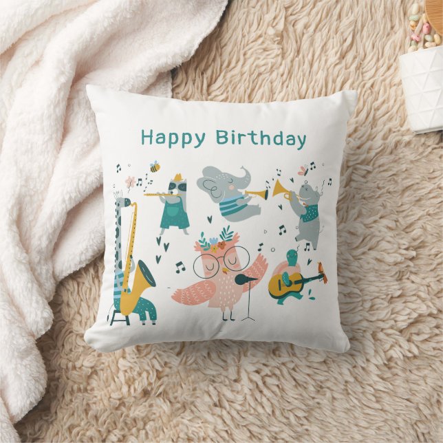 Pink Songbird with Animal Band Birthday Throw Pillow (Blanket)