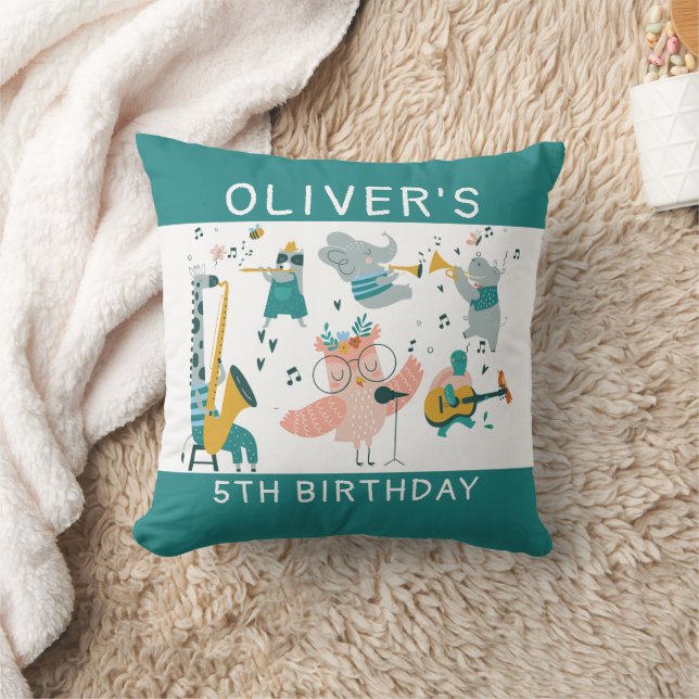Pink Songbird with Animal Band Birthday Throw Pillow (Blanket)
