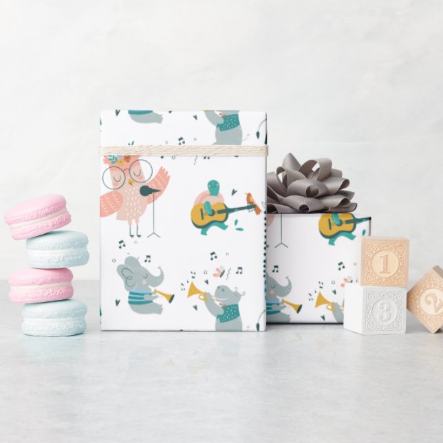 Pink Songbird with Animal Band Birthday Wrapping Paper (Baby Shower)