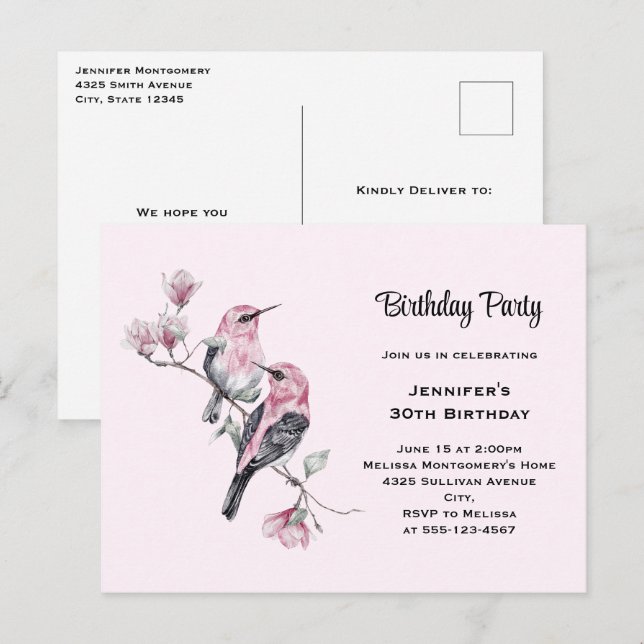 Pink Songbirds on a Tree Branch Birthday Invitation Postcard (Front/Back)