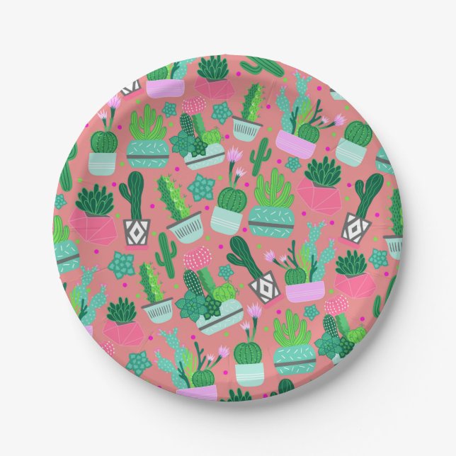 Pink Southwestern Cactus Pattern Sweet 16 Party Paper Plates (Front)