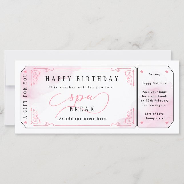 Pink Spa Break Gift Voucher Ticket (Front)