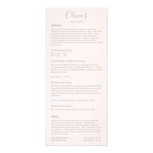 Pink Spa Skincare White Service Price Menu (Front)