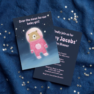 Pink Space Bear Baby Shower it's a girl astronaut Invitation