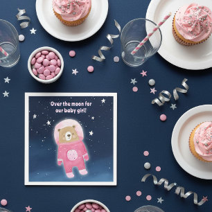 Pink Space Bear Over the Moon Blue Starry sky Napkins