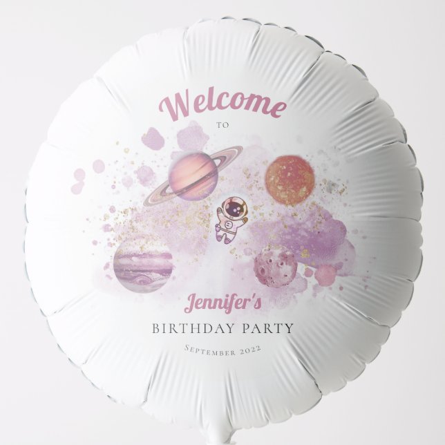 Pink Space Birthday for Girls Helium Balloon (Front)