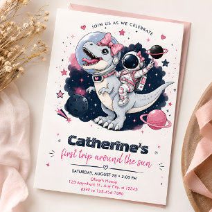 Pink Space Dinosaur First Birthday Girl Astronaut  Invitation