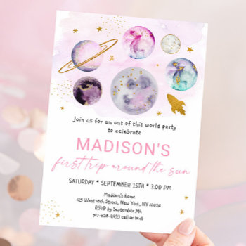 Pink Space First Trip Around The Sun Birthday Invitation by LittlePrintsParties at Zazzle