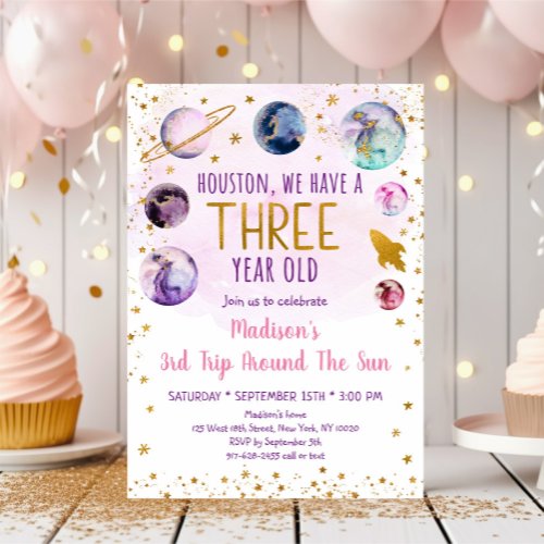 Pink Space Galaxy Girl Third Birthday Invitation