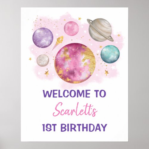 Pink Space Galaxy Planets Girl Birthday Welcome Poster