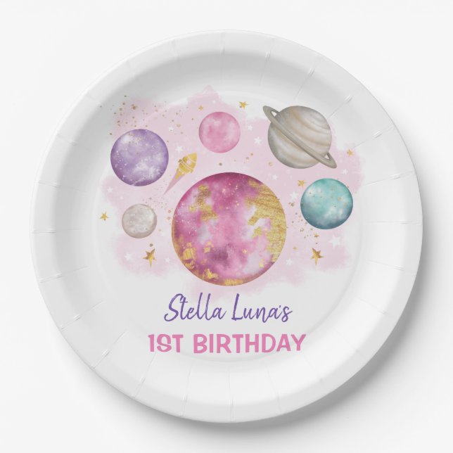 Pink Space Galaxy Planets Moon Baby Girl Birthday Paper Plates (Front)