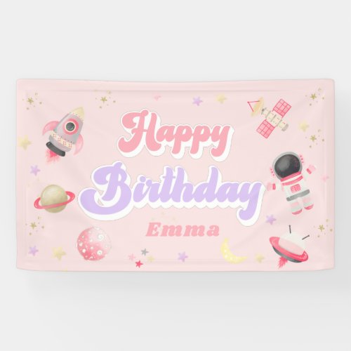 Pink Space Happy Birthday  Banner