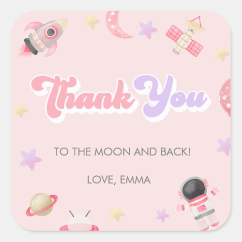 Pink Space Moon and Stars Birthday Thank You Square Sticker