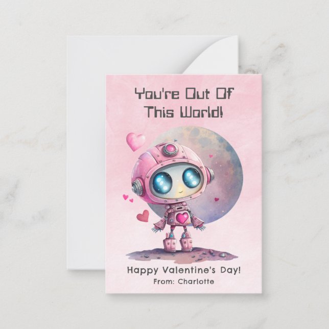 Pink Space Robot Budget Classroom Valentine's Day Note Card (Front)