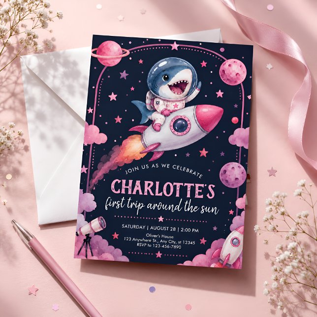 Pink Space Shark First Birthday Invitation (Creator Uploaded)