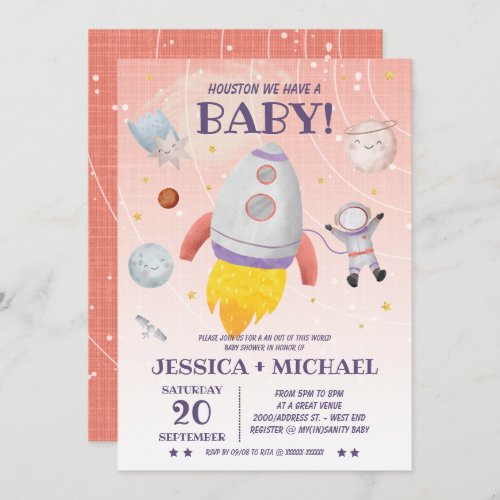Pink Space Themed Baby Shower Invitation