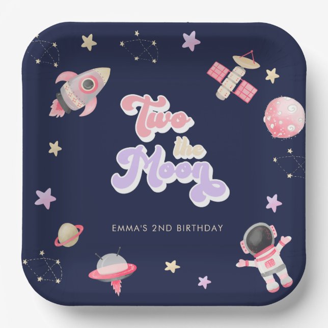 Pink Space Two the Moon Birthday   Paper Plates (Front)