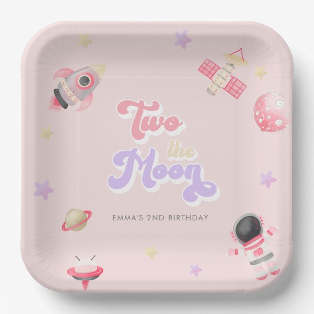 Pink Space Two the Moon Birthday  Paper Plates (Front)