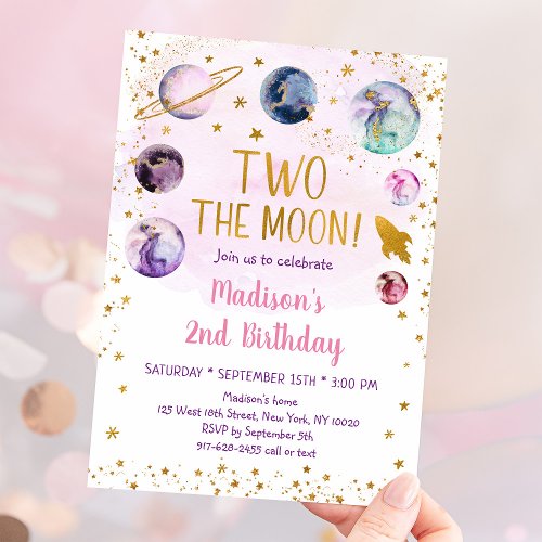 Pink Space Two The Moon Second Birthday Invitation