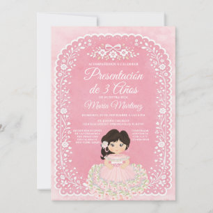 Pink Spanish Girl Presentación de 3 Años Talavera Invitation