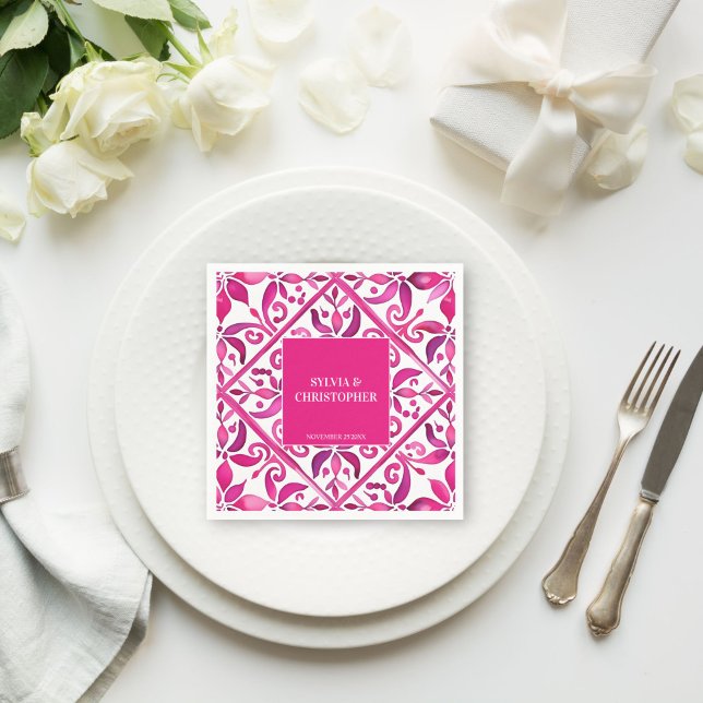 Pink Spanish talavera wedding monogram printed Napkins (Pink Spanish Mexican talavera Hacienda wedding monogram printed Napkins template personalized decor)