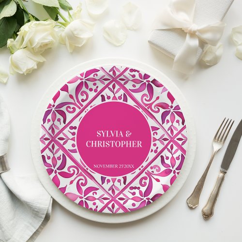 Pink Spanish talavera wedding monogram printed Paper Plates