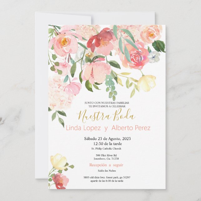 Pink Spanish Wedding Invitations (Front)