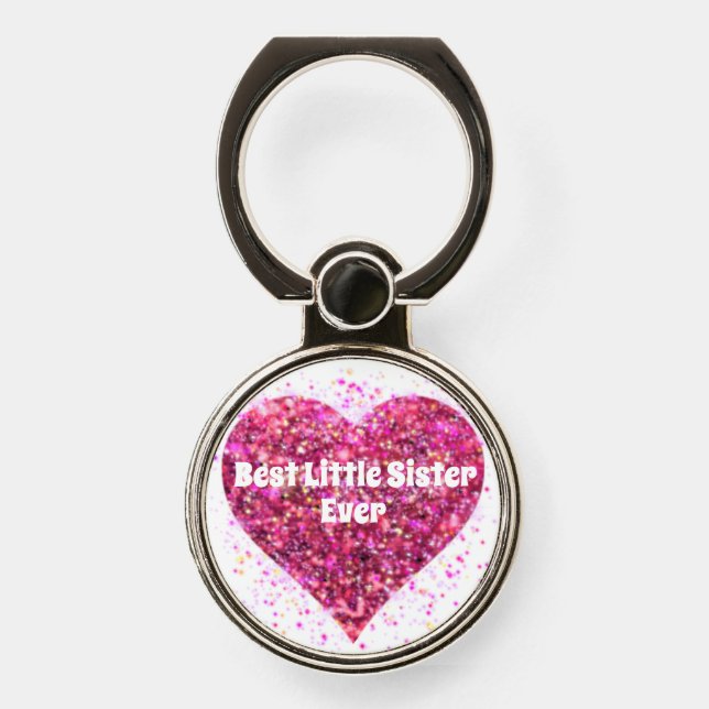Pink sparking glitter heart best little sister  phone ring stand (Front)