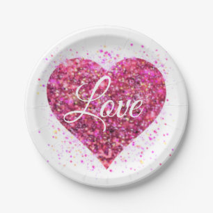 Pink sparking glitter heart love paper plates