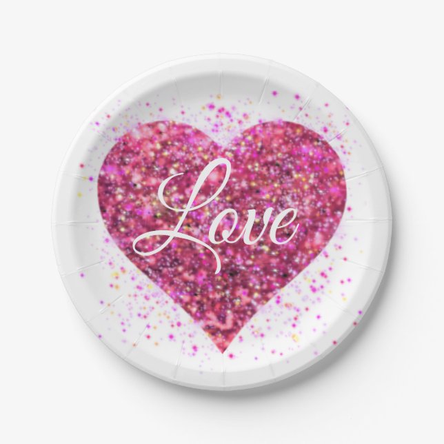 Pink sparking glitter heart love paper plates (Front)