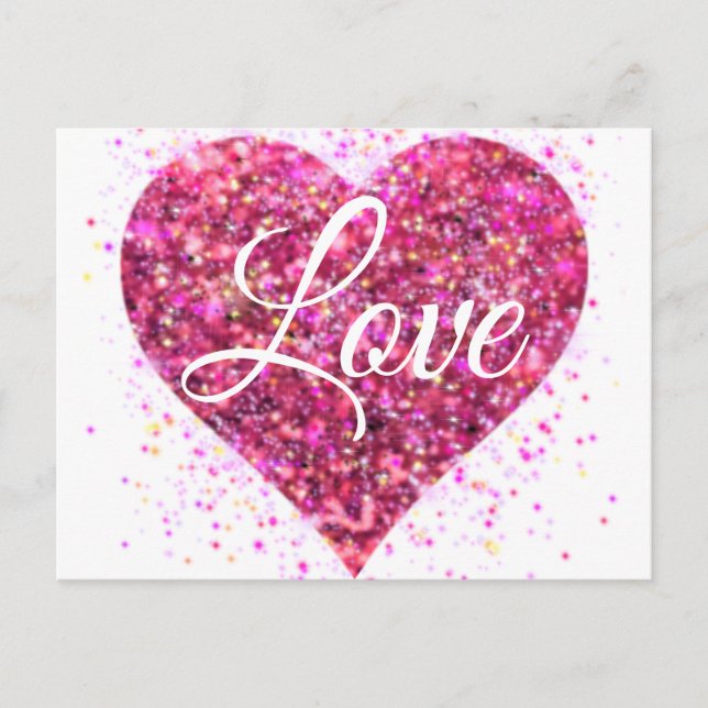 Pink sparking glitter heart love postcard (Front)
