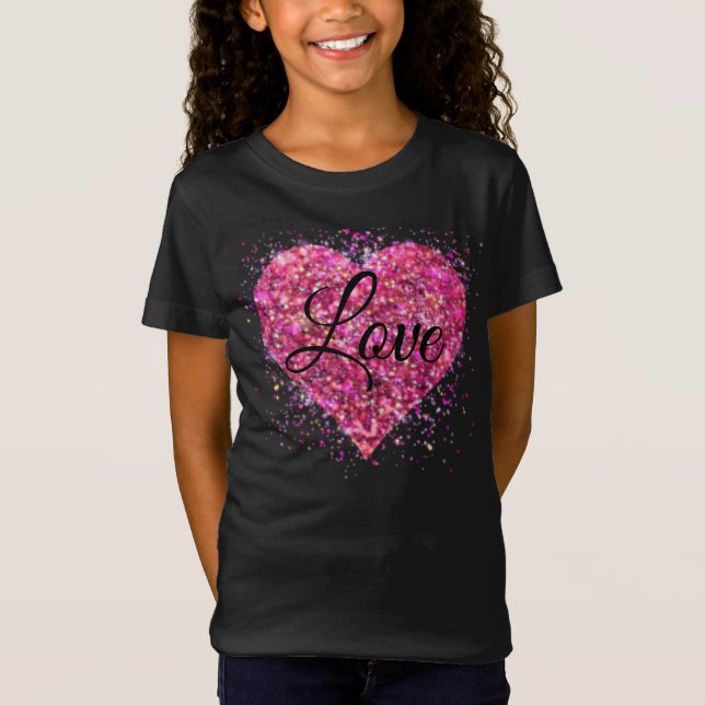 Pink sparking glitter heart love T-Shirt (Front)