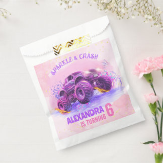 Pink Sparkle and Crash Monster Truck Girl Birthday Favor Bag