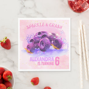 Pink Sparkle and Crash Monster Truck Girl Birthday Napkins