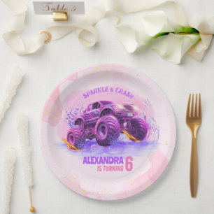 Pink Sparkle and Crash Monster Truck Girl Birthday Paper Plates