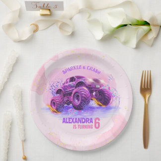 Pink Sparkle and Crash Monster Truck Girl Birthday Paper Plates