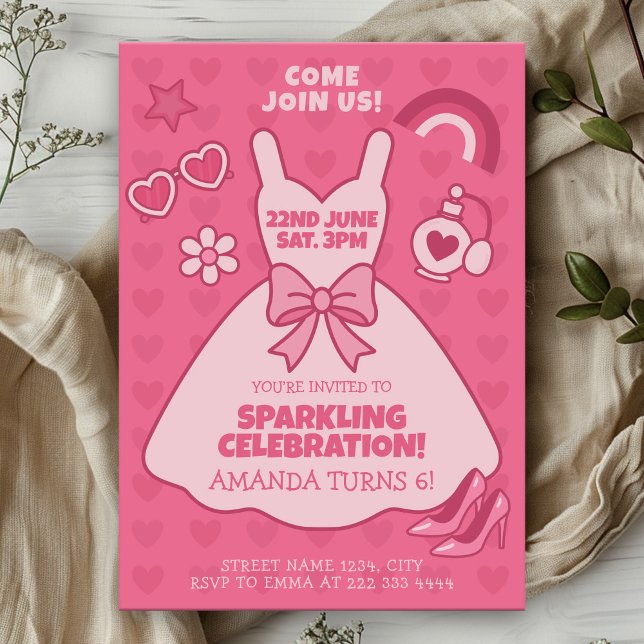 Pink Sparkle Birthday Party, Girl Dress Theme Invitation (Creator Uploaded)