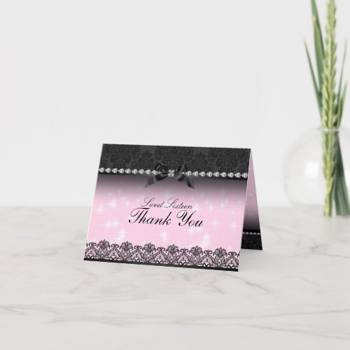 Pink Sparkle  Black Lace Sweet16 Thank You Card