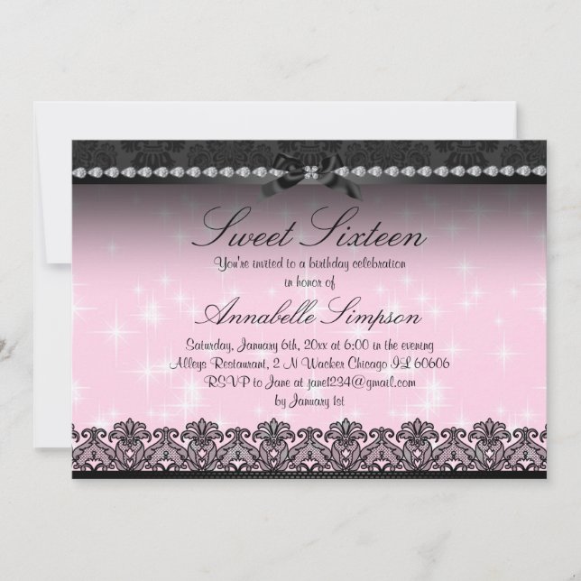 Pink Sparkle & Black Lace Sweet Sixteen Invite (Front)