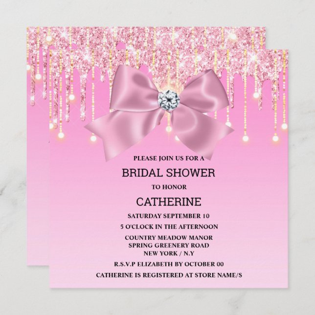Pink sparkle bow diamond shimmer lights elegant invitation (Front/Back)