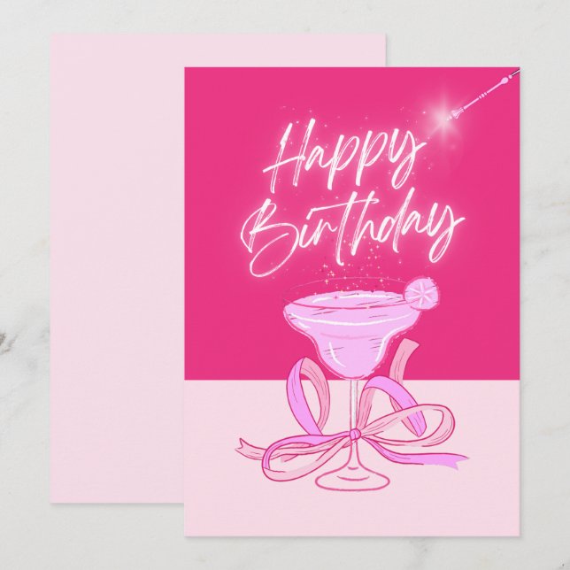 Pink sparkle bow glass Happy Birthday Holiday Card (Front/Back)