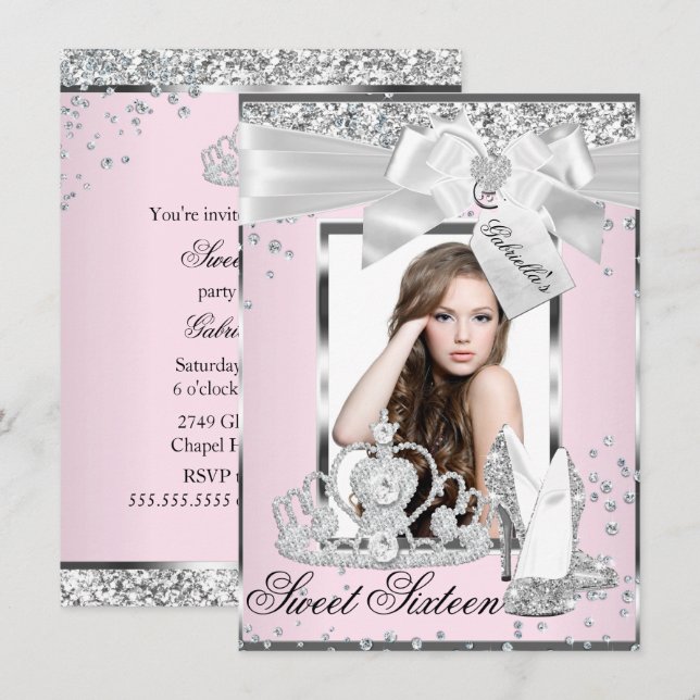 Pink Sparkle Bow Tiara Photo Sweet 16 Invitation (Front/Back)