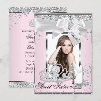 Pink Sparkle Bow Tiara Photo Sweet 16 Invitation