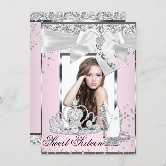 Pink Sparkle Bow Tiara Photo Sweet 16 Invitation (Front/Back)