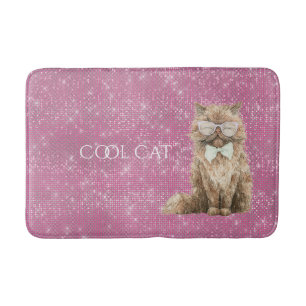 Pink Sparkle Brown Cool Cat Glasses Bath Mat