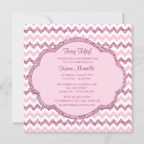 Pink Sparkle Chevron Womans 50th Birthday Party Announcement