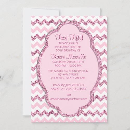 Pink Sparkle Chevron Womans 50th Birthday Party Invitations
