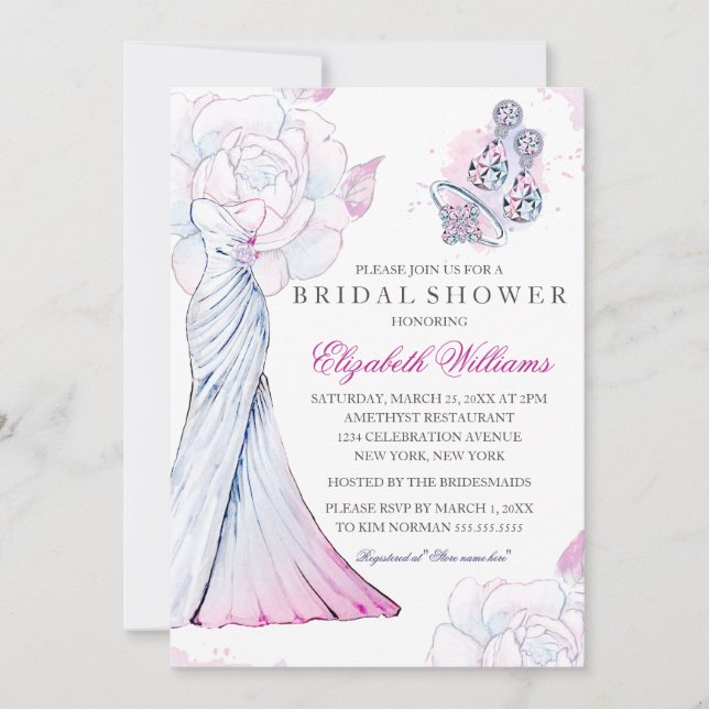 Pink Sparkle Crystal Wedding Gown Bridal Shower Invitation (Front)